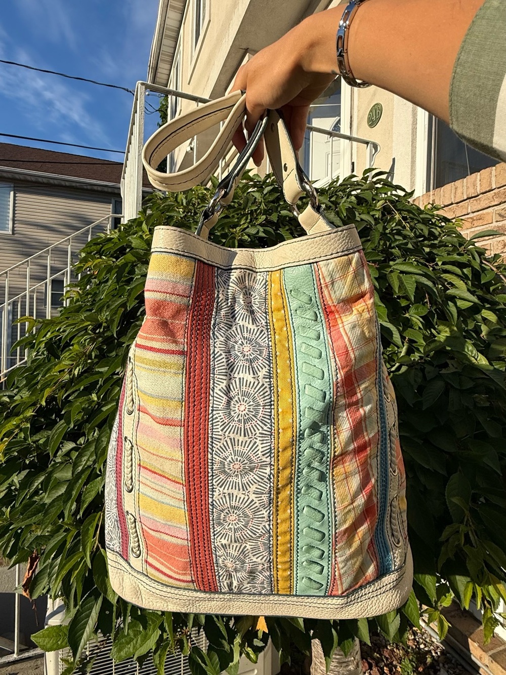 Fossil Patchwork Tote Bag Boho Canvas Leather Shoulder Bag Colorful Striped
